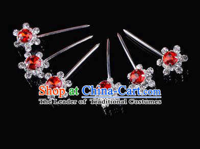 Chinese Ancient Peking Opera Hair Accessories Young Lady Diva Head Ornaments, Traditional Chinese Beijing Opera Hua Tan Red Crystal Bead Hairpins