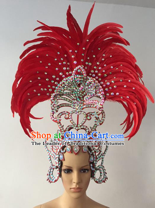 Top Grade Professional Stage Show Halloween Parade Red Feather Extravagant Hair Accessories, Brazilian Rio Carnival Parade Samba Dance Catwalks Headwear for Women