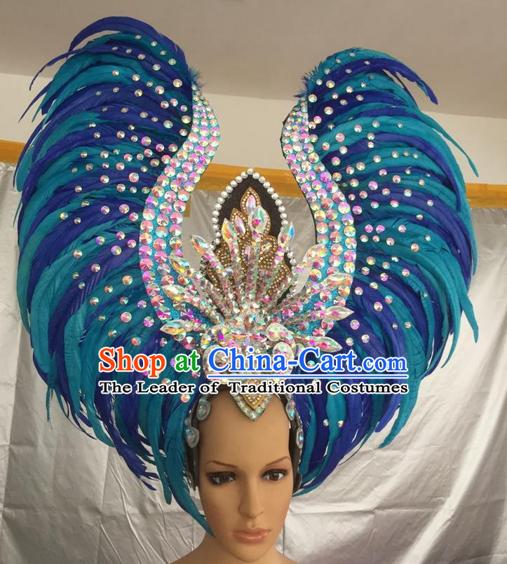 Top Grade Professional Stage Show Halloween Parade Exaggerated Blue Feather Hair Accessories, Brazilian Rio Carnival Samba Dance Headwear for Women