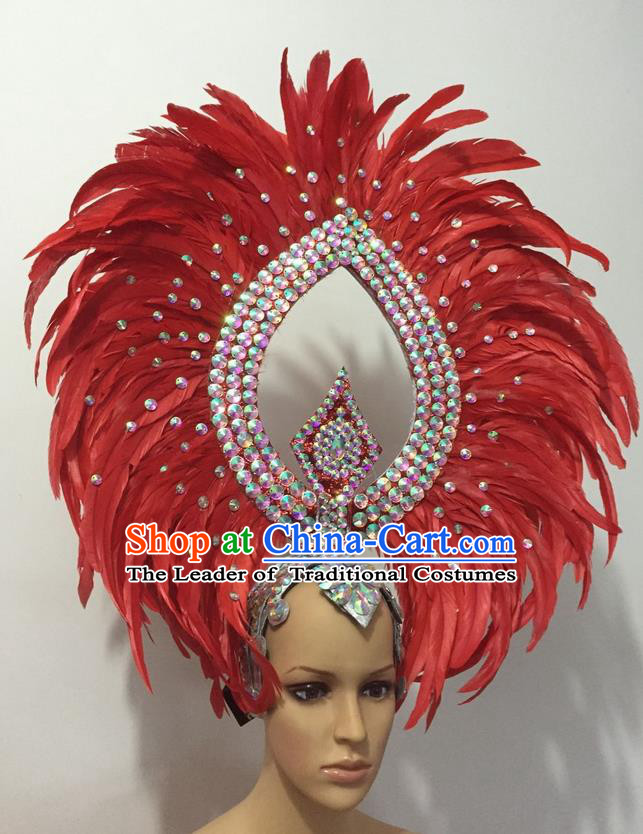Top Grade Professional Stage Show Halloween Parade Red Feather Deluxe Hair Accessories, Brazilian Rio Carnival Samba Dance Modern Fancywork Crystal Headwear for Women