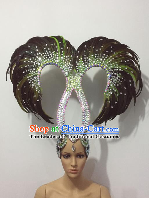 Top Grade Professional Stage Show Halloween Parade Crystal Feather Headwear, Brazilian Rio Carnival Samba Dance Modern Fancywork Hair Accessories Headpiece for Women