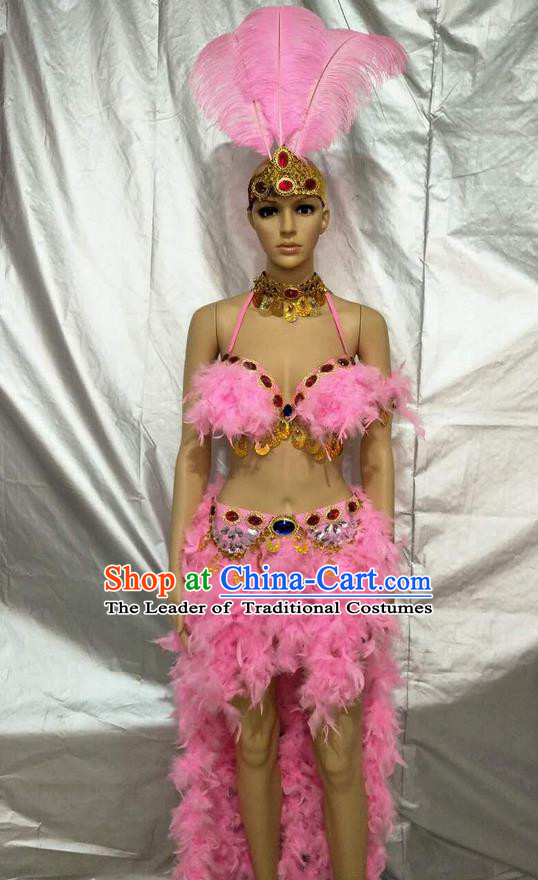 Top Grade Professional Performance Catwalks Bikini Clothing, Traditional Brazilian Rio Carnival Samba Modern Fancywork Pink Feather Swimsuit Costume for Kids