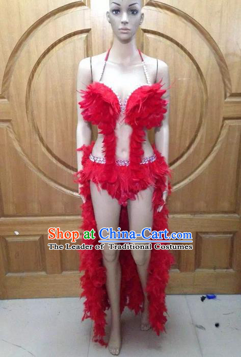 Top Grade Professional Performance Catwalks Red Feather Bikini Costume, Traditional Brazilian Rio Carnival Samba Dance Modern Fancywork Swimsuit Costume for Women
