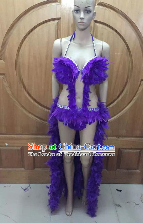 Top Grade Professional Performance Catwalks Purple Feather Bikini Costume, Traditional Brazilian Rio Carnival Samba Dance Modern Fancywork Swimsuit Costume for Women