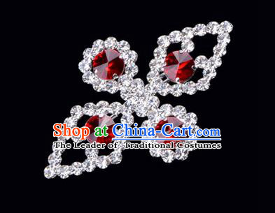 Chinese Ancient Peking Opera Jewelry Accessories Young Lady Diva Bowknot Brooch, Traditional Chinese Beijing Opera Hua Tan Red Crystal Breastpin