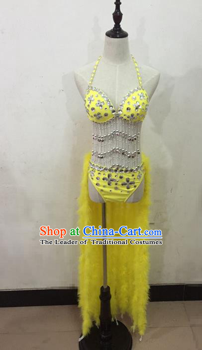 Top Grade Professional Performance Catwalks Costume Yellow Bikini, Traditional Brazilian Rio Carnival Samba Dance Modern Fancywork Clothing for Women