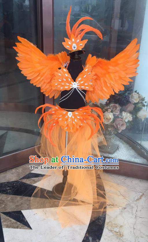 Top Grade Professional Performance Catwalks Costume Orange Feather Bikini with Wings, Traditional Brazilian Rio Carnival Samba Dance Modern Fancywork Swimsuit Clothing for Kids