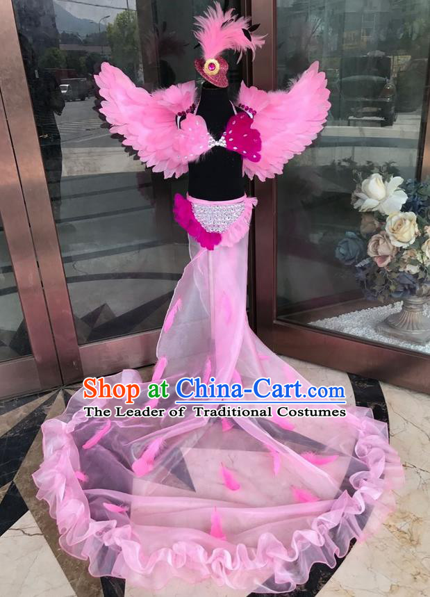 Top Grade Professional Performance Catwalks Costume Pink Feather Bikini with Wings, Traditional Brazilian Rio Carnival Samba Dance Modern Fancywork Swimsuit Clothing for Kids