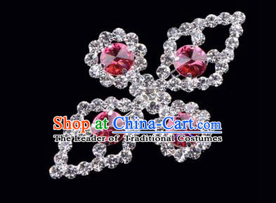Chinese Ancient Peking Opera Jewelry Accessories Young Lady Diva Bowknot Brooch, Traditional Chinese Beijing Opera Hua Tan Pink Crystal Breastpin