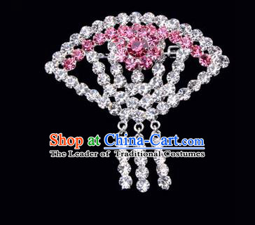 Chinese Ancient Peking Opera Jewelry Accessories Young Lady Diva Sector Brooch, Traditional Chinese Beijing Opera Hua Tan Pink Crystal Breastpin