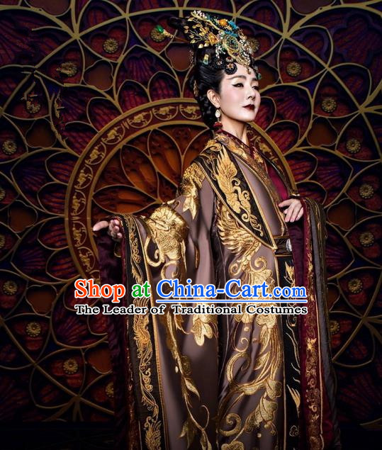Traditional Ancient Chinese Queen Mother Costume and Handmade Headpiece Complete Set, Elegant Hanfu Clothing Chinese Southern and Northern Dynasty Imperial Empress Dowager Tailing Embroidered Clothing