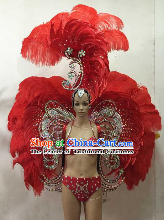 Top Grade Professional Performance Catwalks Costume Red Feather Bikini and Wings, Traditional Brazilian Rio Carnival Samba Dance Modern Fancywork Swimsuit Clothing for Women
