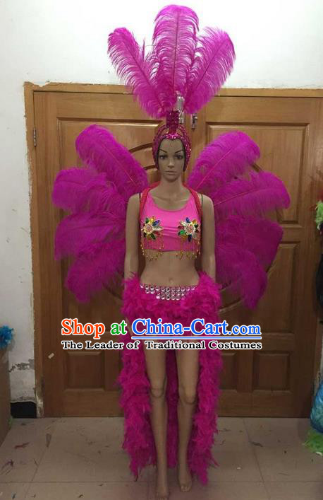 Top Grade Professional Performance Catwalks Costume Rosy Feather Bikini and Wings, Traditional Brazilian Rio Carnival Samba Dance Modern Fancywork Swimsuit Clothing for Women