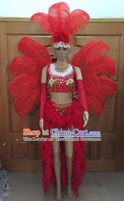 Top Grade Professional Performance Catwalks Costume Red Feather Bikini and Wings, Traditional Brazilian Rio Carnival Samba Dance Modern Fancywork Swimsuit Headpiece for Women