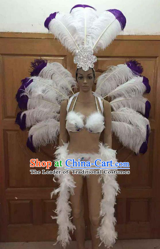 Top Grade Professional Performance Catwalks Costume White Feather Bikini with Wings, Traditional Brazilian Rio Carnival Samba Dance Clothing and Headpiece for Women