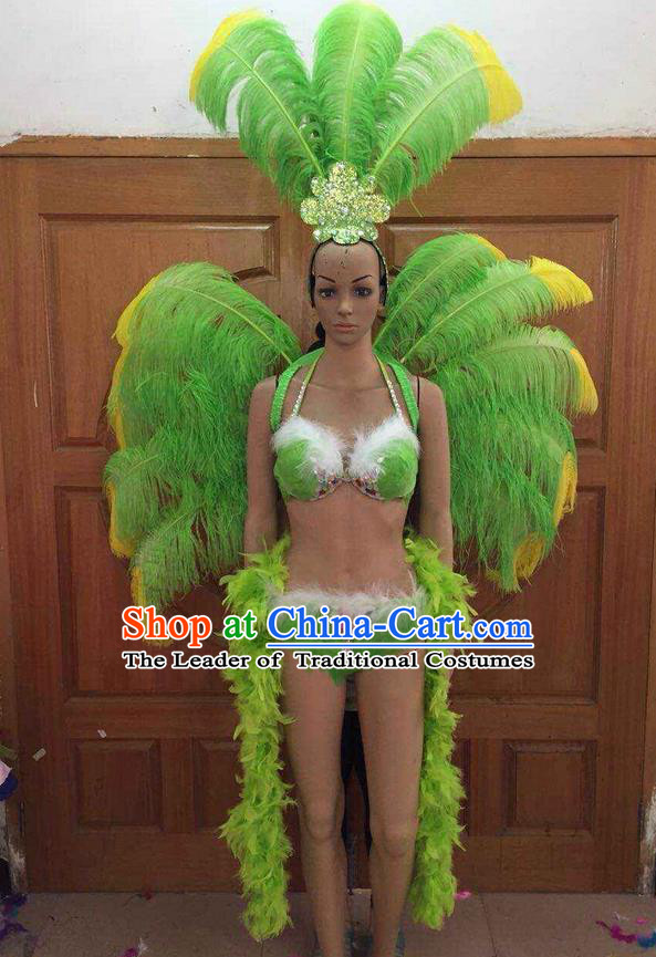 Top Grade Professional Performance Catwalks Costume Green Feather Bikini with Wings, Traditional Brazilian Rio Carnival Samba Dance Clothing and Headpiece for Women
