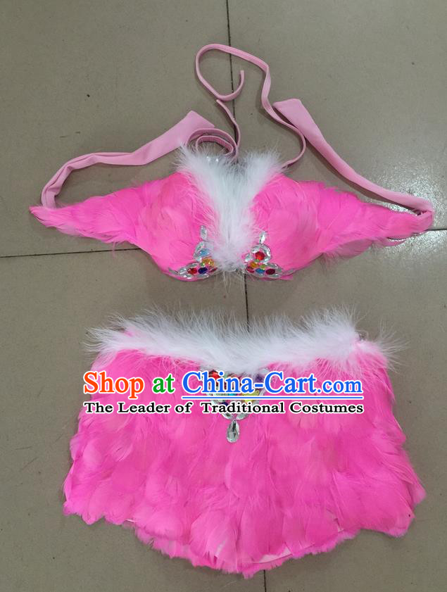 Top Grade Professional Performance Catwalks Costume Pink Feather Bikini, Traditional Brazilian Rio Carnival Samba Dance Modern Fancywork Swimsuit for Women