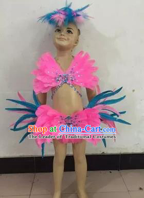 Top Grade Professional Performance Catwalks Costume Pink Feather Swimsuit, Traditional Brazilian Rio Carnival Samba Dance Bikini Clothing for Kids