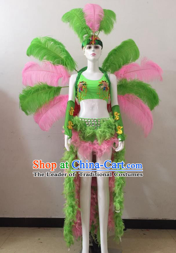 Top Grade Professional Performance Catwalks Pink and Green Feather Bikini and Headwear Wings, Brazilian Rio Carnival Samba Opening Dance Swimsuit Clothing for Women