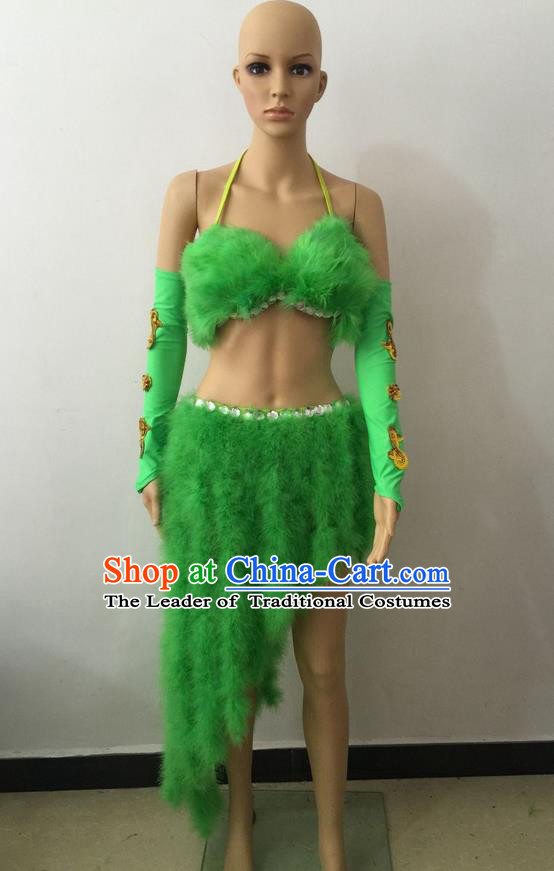 Top Grade Professional Performance Catwalks Costume Green Swimsuit, Brazilian Rio Carnival Parade Samba Belly Dance Opening Dance Bikini for Women