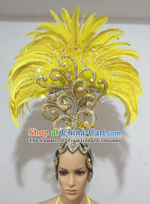 Top Grade Professional Performance Catwalks Yellow Feathers Hair Accessories, Brazilian Rio Carnival Parade Samba Dance Headdress for Women