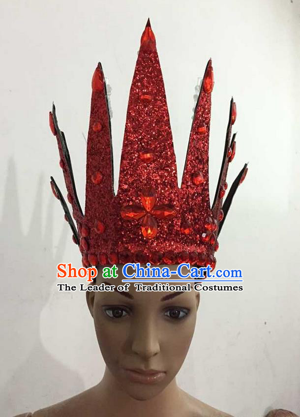 Top Grade Professional Performance Catwalks Hair Accessories, Brazilian Rio Carnival Parade Samba Dance Red Crystal Crown Headwear for Women