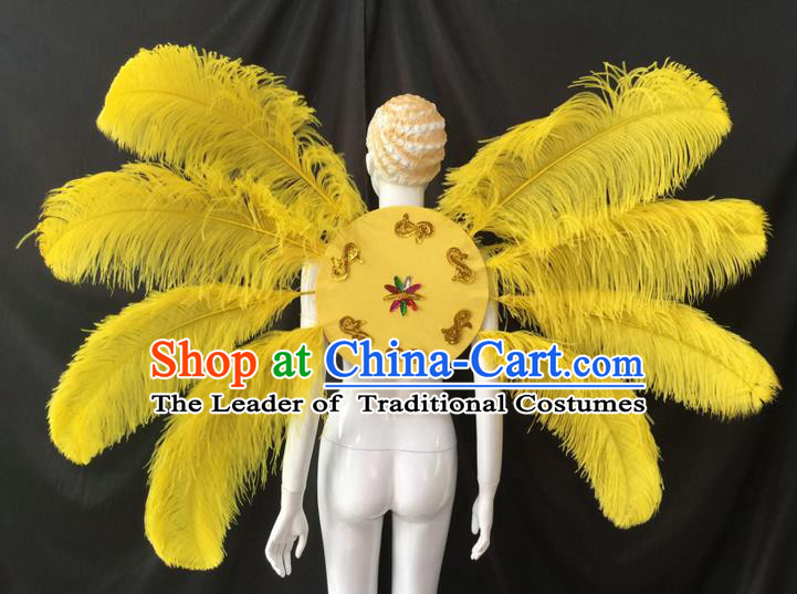 Top Grade Professional Performance Catwalks Yellow Feathers Decorations Backplane, Brazilian Rio Carnival Parade Samba Dance Wings for Women