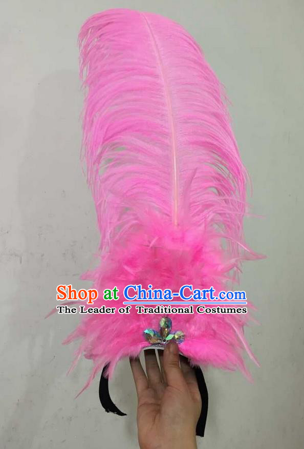 Top Grade Professional Performance Catwalks Halloween Pink Feathers Head Decorations Headpiece, Brazilian Rio Carnival Parade Samba Dance Headwear for Women