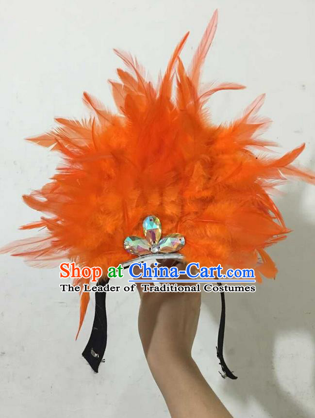 Top Grade Professional Performance Catwalks Halloween Orange Feathers Head Decorations Headpiece, Brazilian Rio Carnival Parade Samba Dance Headwear for Kids