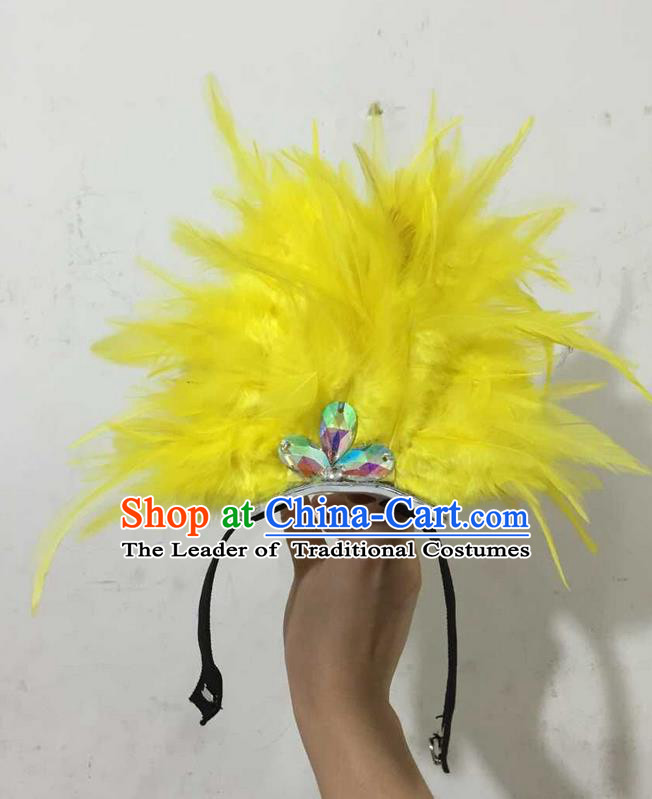 Top Grade Professional Performance Catwalks Halloween Yellow Feathers Head Decorations Headpiece, Brazilian Rio Carnival Parade Samba Dance Headwear for Kids