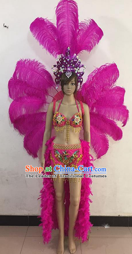 Top Grade Professional Performance Catwalks Rosy Feathers Decorations Backplane and Hair Accessories, Brazilian Rio Carnival Parade Samba Dance Wings for Women