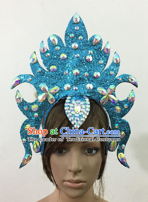 Top Grade Professional Performance Catwalks Queen Crystal Blue Crown Hair Accessories, Brazilian Rio Carnival Parade Samba Dance Headpiece for Women