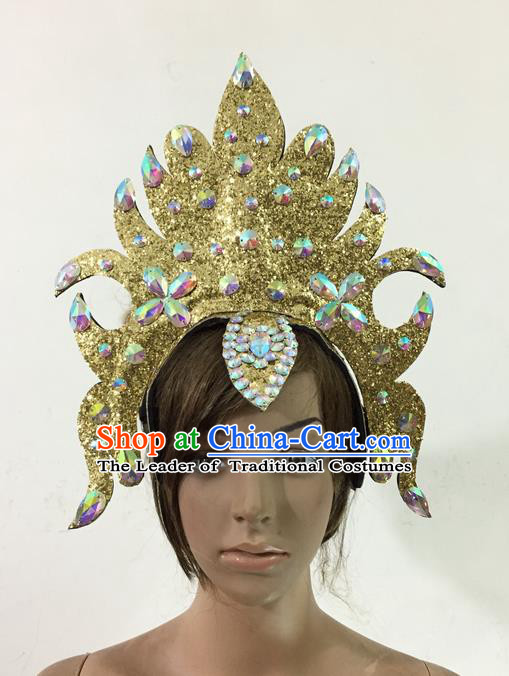 Top Grade Professional Performance Catwalks Queen Crystal Golden Crown Hair Accessories, Brazilian Rio Carnival Parade Samba Dance Headpiece for Women
