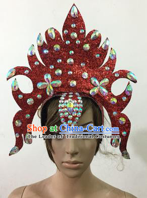 Top Grade Professional Performance Catwalks Queen Crystal Red Crown Hair Accessories, Brazilian Rio Carnival Parade Samba Dance Headpiece for Women