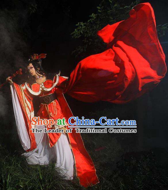 Top Grade Traditional China Ancient Cosplay Swordswoman Costumes, China Ancient Young Lady Peri Water Sleeve Hanfu Red Dress Clothing for Women
