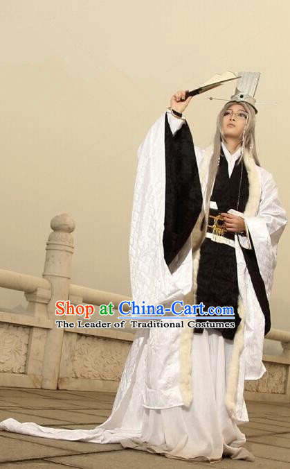 Top Grade Traditional China Ancient Cosplay Military Counsellor Costumes, China Ancient Zhuge Liang Hanfu Robe Clothing for Men