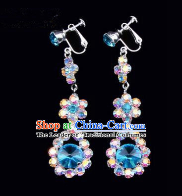 Chinese Ancient Peking Opera Head Accessories Young Lady Diva Colorful Crystal Blue Water Drop Earrings, Traditional Chinese Beijing Opera Hua Tan Eardrop Ear Pendants