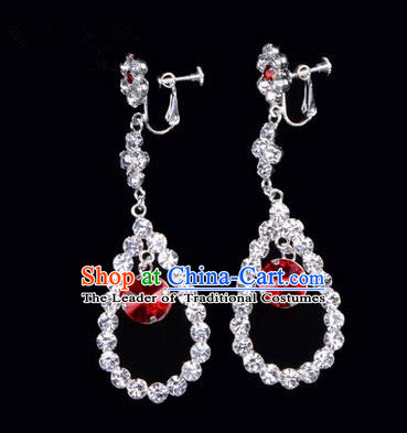 Chinese Ancient Peking Opera Head Accessories Young Lady Diva Colorful Crystal Red Water Drop Earrings, Traditional Chinese Beijing Opera Hua Tan Ear Pendants