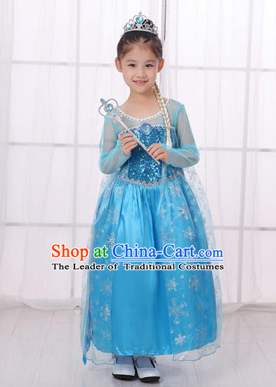 Top Grade Chinese Professional Halloween Performance Costume, Children Cosplay Princess Blue Bubble Dress for Kids