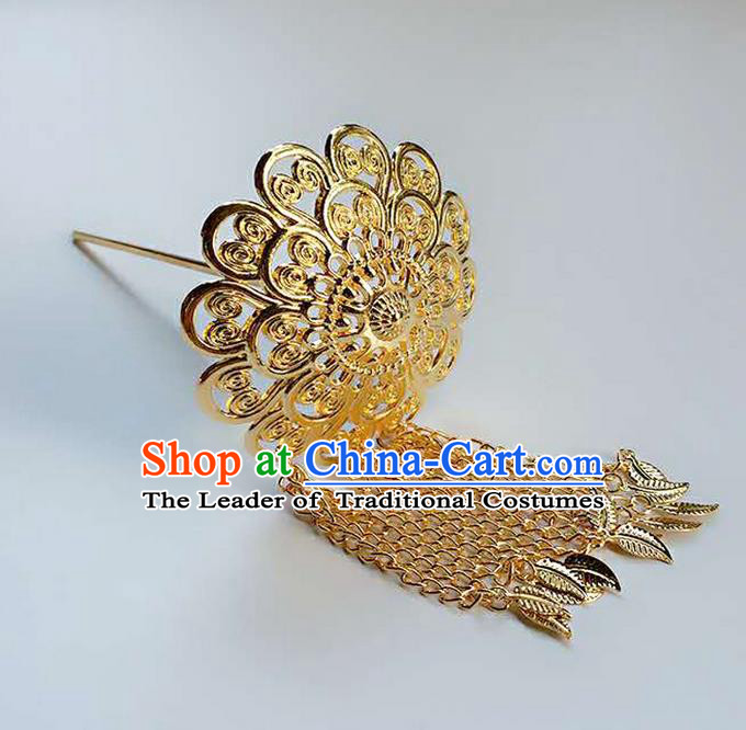 Traditional Thailand Ancient Handmade Hair Accessories Headpiece, Traditional Thai China Dai Nationality Golden Tassel Hairpins for Women