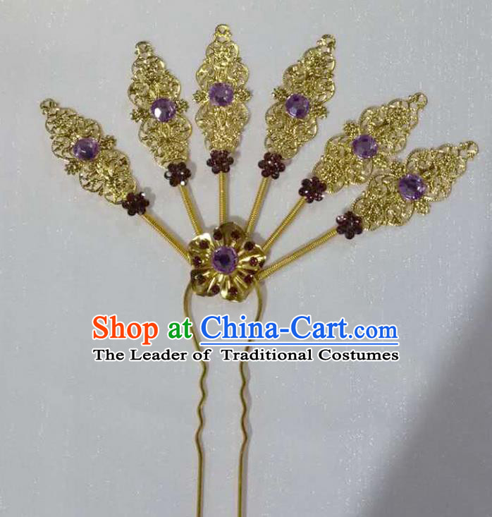 Traditional Thailand Ancient Handmade Hair Accessories Headpiece, Traditional Thai China Dai Nationality Purple Crystal Hairpins Headwear for Women
