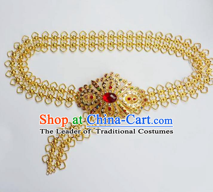 Traditional Thailand Ancient Handmade Waist Chain Accessories, Traditional Thai China Dai Nationality Red Crystal Belts Pendant for Women