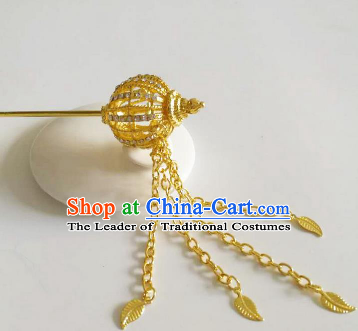 Traditional Thailand Ancient Handmade Golden Hair Accessories, Traditional Thai China Dai Nationality Hairpins Crystal Hair Stick Headpiece for Women