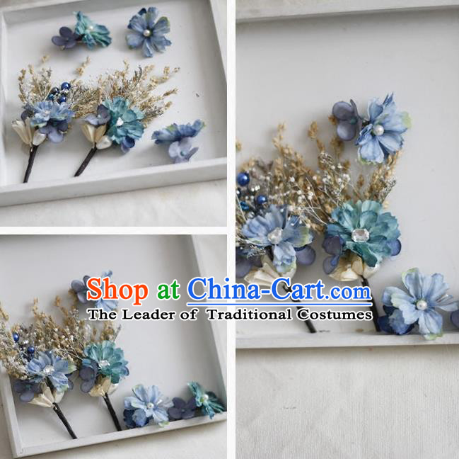 Top Grade Handmade Wedding Bride Hair Accessories Blue Flowers Headwear Complete Set, Traditional Princess Baroque Headpiece for Women
