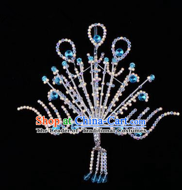 Chinese Ancient Peking Opera Head Accessories Diva Blue Crystal Phoenix Hairpins Step Shake, Traditional Chinese Beijing Opera Princess Hua Tan Hair Clasp Head-ornaments