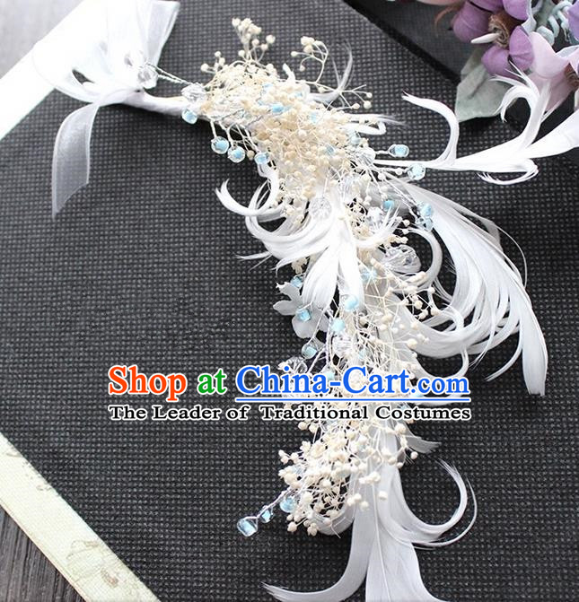 Top Grade Handmade Wedding Bride Hair Accessories Hair Stick, Traditional Baroque Queen Feather Hairpins Wedding Headpiece for Women