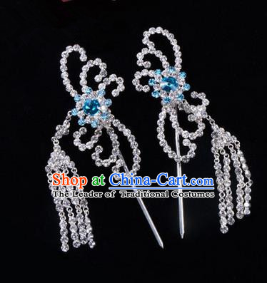 Chinese Ancient Peking Opera Head Accessories Diva Blue Crystal Hairpins Tassel Step Shake, Traditional Chinese Beijing Opera Princess Hua Tan Hair Clasp Head-ornaments