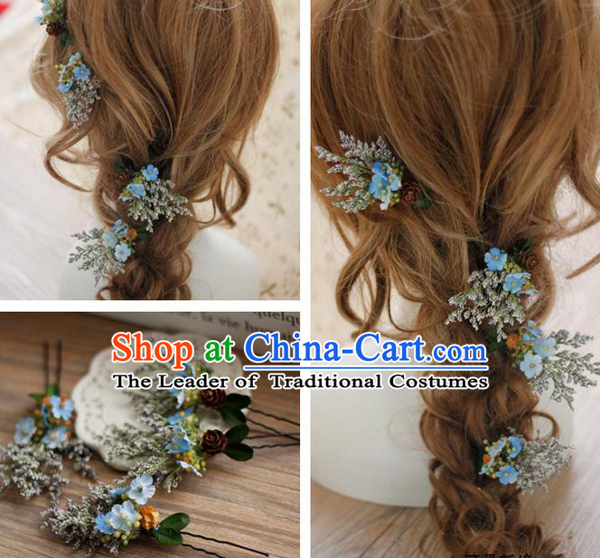 Top Grade Handmade Wedding Bride Hair Accessories Hairpins Complete Set, Traditional Princess Blue Flowers Wedding Headwear for Women