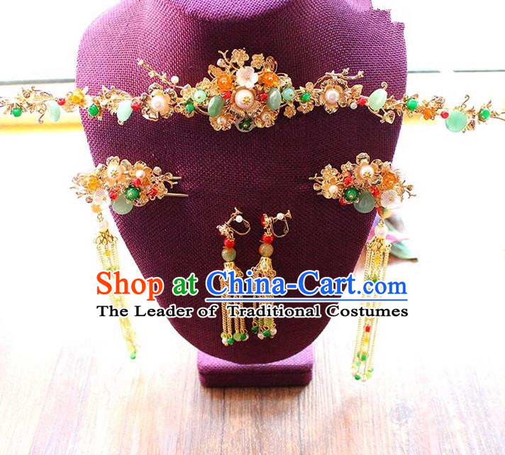 Top Grade Chinese Handmade Wedding Jade Hair Accessories Complete Set, Traditional China Xiuhe Suit Bride Hanfu Tassel Hairpins Headwear for Women