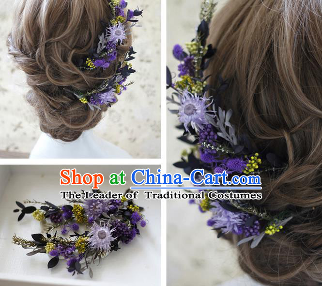 Top Grade Handmade Wedding Bride Hair Accessories Purple Flowers Hairpins, Traditional Princess Baroque Headpiece Complete Set for Women